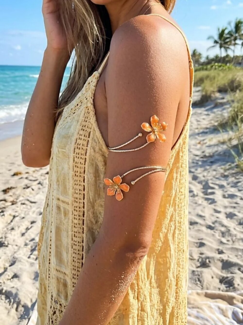 Boho Orange Enamel Flower Arm & Ankle Cuff Bracelet | Adjustable - Picture 3 of 13